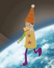 a cartoon character wearing a hat and purple pants is walking on a planet