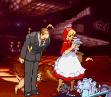 a pixel art of little red riding hood standing next to a man