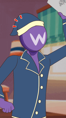 a cartoon character with the letter w on their face