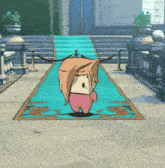 a cartoon character standing on a blue carpet