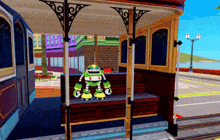 a cartoon character is sitting on a bench in a trolley