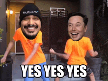 a man wearing a hat that says multivers is dancing next to a man wearing an orange shirt that says yes yes yes