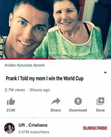 a screenshot of a video on youtube that says prank i told my mom i win the world cup