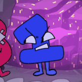 a blue cartoon character with a purple background