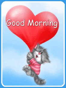 a cat holding a red heart with the words good morning