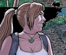 a cartoon of a woman wearing a ponytail and a necklace with a green pendant .