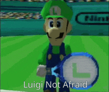 a cartoon of luigi holding a tennis racket with the words luigi not afraid below him