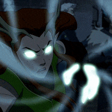 a cartoon character with glowing eyes and a green vest