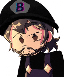 a man with a beard wearing a black hat with the letter b on it