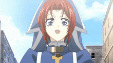 a girl with red hair is wearing a blue and white outfit with a cross on it