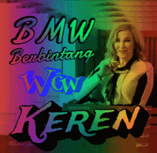 a woman is sitting in front of a sign that says " wow keren "