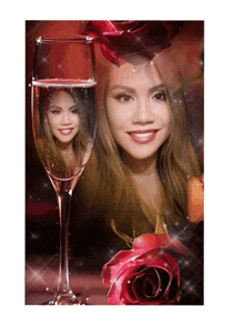 a woman 's face is reflected in a wine glass next to a rose