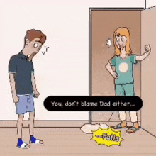 a cartoon of a man and a woman standing next to each other in front of a door .