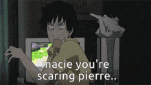 a man sitting in front of a computer with the words " macie you 're scaring pierre " above him