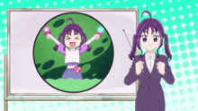 a girl with purple hair is holding a stick in front of a white board