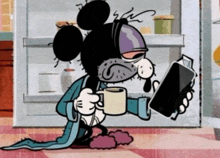 a cartoon of mickey mouse holding a cup of coffee and looking at his phone