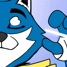 a close up of a blue and white cartoon character holding a stick