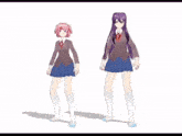 two anime girls are standing next to each other on a white background .