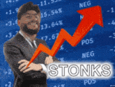 a man in a suit and tie stands in front of a stock chart that says stoniks