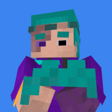 a minecraft character with blue hair and purple wings against a blue sky