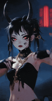 a girl with horns and red eyes has a tattoo on her face