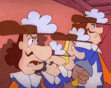 a group of cartoon characters wearing cowboy hats and holding swords
