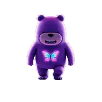 a purple teddy bear with a pink and blue butterfly on its chest