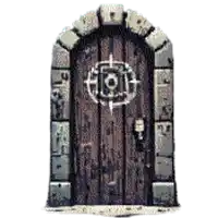 a pixel art illustration of a wooden door with a stone arch and a lock on it .