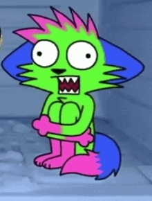 a colorful cartoon character with a surprised look on its face