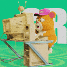 a cartoon mouse is sitting at a desk with headphones and a monitor