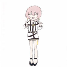 a cartoon drawing of a girl with pink hair pointing her fingers up