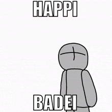 a cartoon of a man blowing a party horn with the words " happi badei " below him