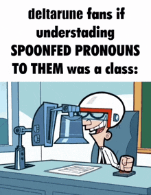 a cartoon of a man sitting at a desk with a spoonfed pronouns to them