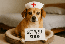 a dog wearing a nurse hat holds up a sign that says get well soon