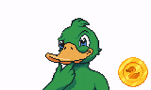 a pixel art of a green duck standing next to a yellow coin