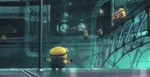 a group of minions are standing in a room with a green background
