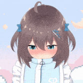 a girl with brown hair and blue eyes is wearing a white jacket with the letter c on it