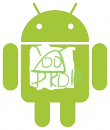 a green android with a piece of paper in its mouth that says prd