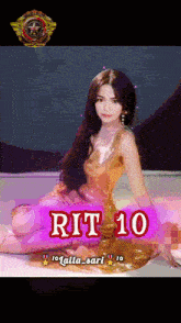 a woman in a gold dress sits on a bed with rit 10 written in red