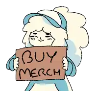 a girl is holding a sign that says buy merch