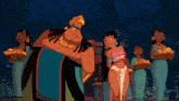 a group of cartoon characters standing next to each other including a woman in a pink top