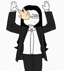 a cartoon of a man in a suit and tie covering his eyes with his hand .