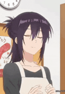 a woman with purple hair is wearing an apron and a black shirt .