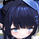a close up of a girl with blue eyes and the letter z on her head