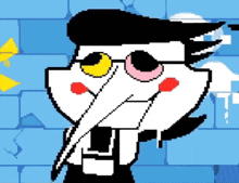 a pixel art drawing of a cartoon character with glasses and a mustache on a blue background .