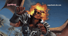 an advertisement for superbook shows a demon with flames coming out of his face