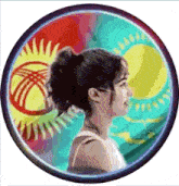 a woman in a ponytail is in a circle with a flag in the background .