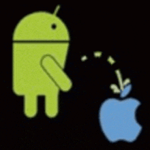 an android is urinating on an apple logo