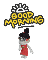 a cartoon girl is dancing in front of a sign that reads good morning