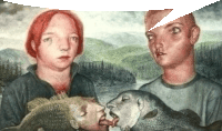 a painting of a man and a woman with fish heads sticking out of their mouths